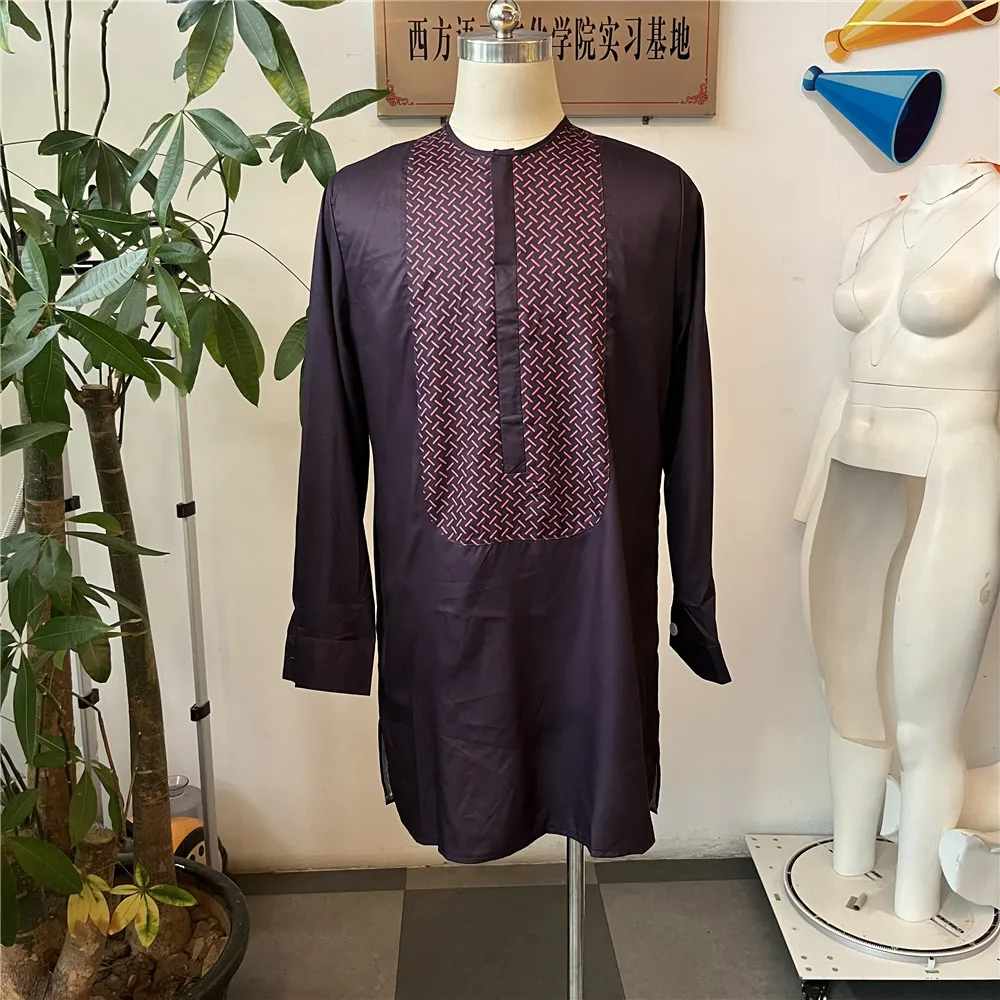 Muslim Men's Fashion Loose Dashiki Tops Stitching Printed African Mid-length Mens Casual Black T-shirt 2022 Fashion Men Clothing