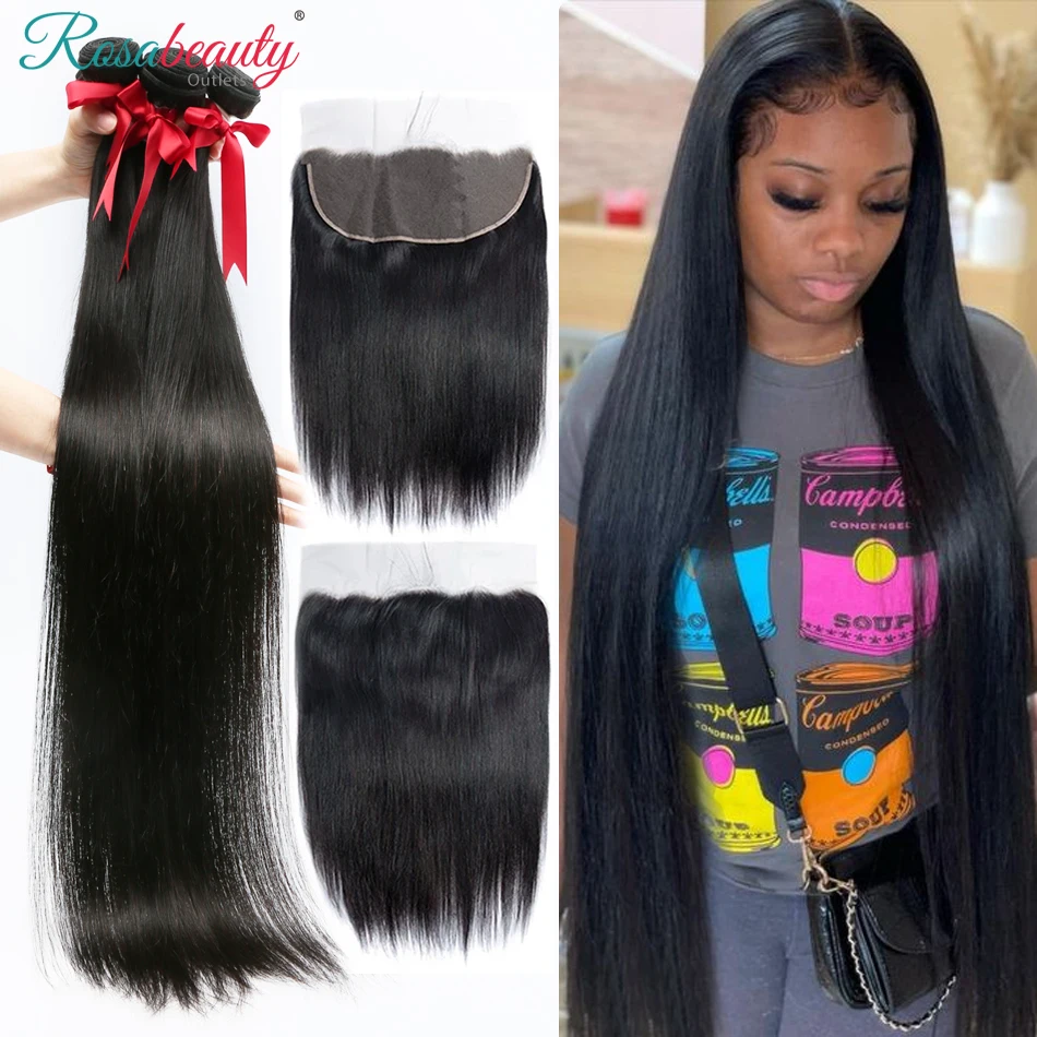 

Rosabeauty 40 Inch Brazilian Straight Human Hair Weave Bundles With Closure 13x4 Front With 3 4 Bundles Remy Hair Extension