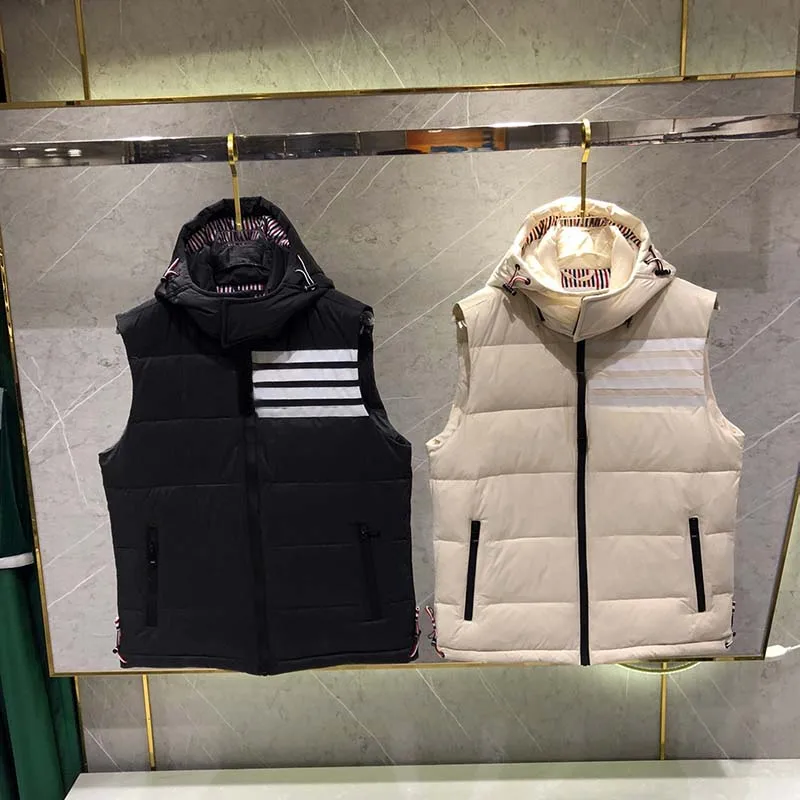 

TB THOM Women Vest Jakcet Hooded Classic White Striped Sports Causal Waistcoat Fashion Korean Design Men's Sleeveless Coat