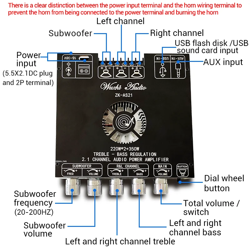 

ZK-AS21 TPA3255 2.1 Channel Bluetooth Digital Power Amplifier Board Module High And Low Tone Subwoofer 220WX2+350W