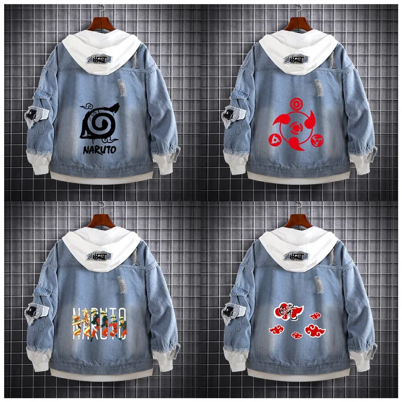 

Sharingan Akatsuki Naruto Denim Jacket Sweatshirts Hoodies Kurama Oversized Hooded Cool Uchiha Sasuke Jacket Men Outerwear Coat