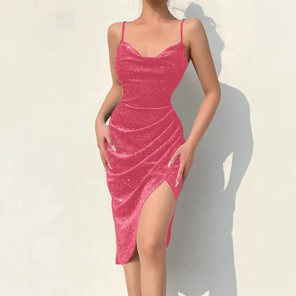 

Midi Dress Sling Shining Hip Wrap Low Collar Side Split Hem Gown Dress Club Wear 2022