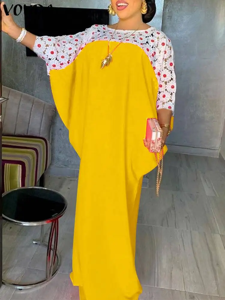 

Embroidery Dress VONDA 2022 Fashion Women's 3/4 Sleeve Floral Patchwork Holiday Party Maxi Dresses Casual Vestido Femininas Robe