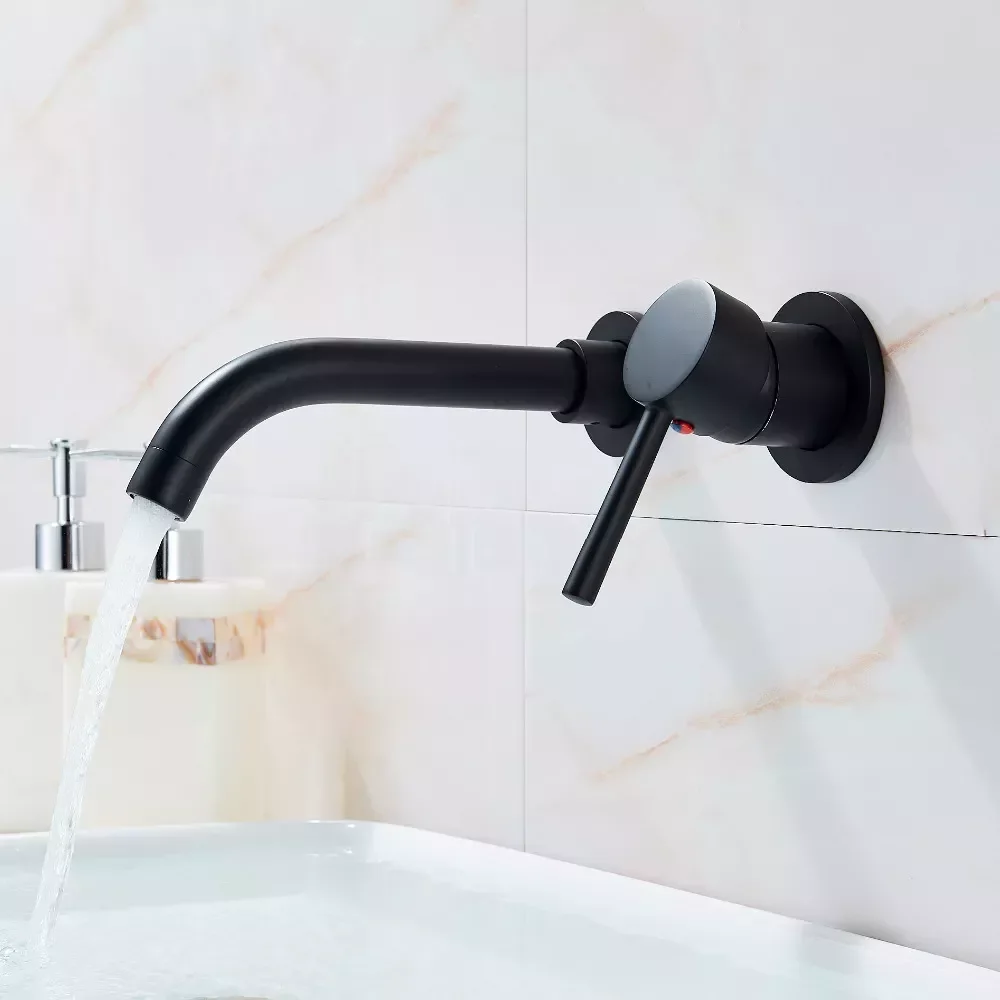 

Wall Mounted Matte Black Bathroom Kitchen Faucet One Hole Cold Water Washing Tap Rotate Spout Brass Vanity Sink Crane