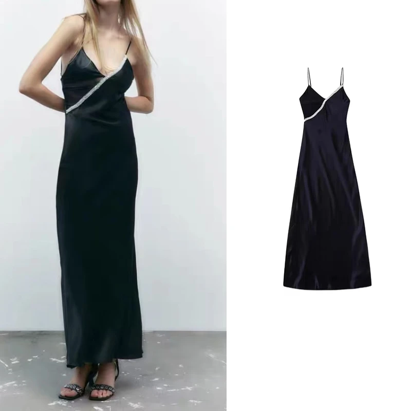 

Женское винтажное платье-футляр на тонких бретельках, однотонное ТРАПЕЦИЕВИДНОЕ облегающее платье со стразами, модель 2022 года