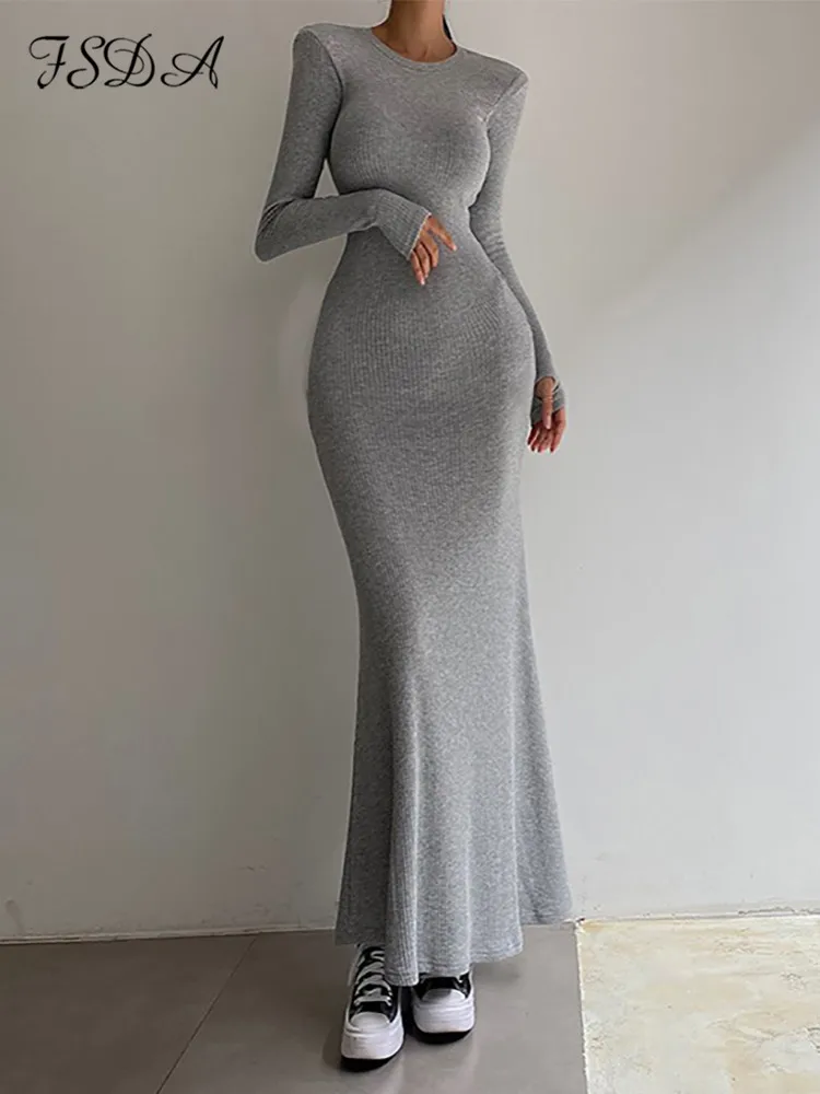 

FSDA Autumn Winter O Neck Knitted Women Maxi Bodycon Dress Casual Long Sleeve 2022 Basic Sexy Party Dresses Elegant
