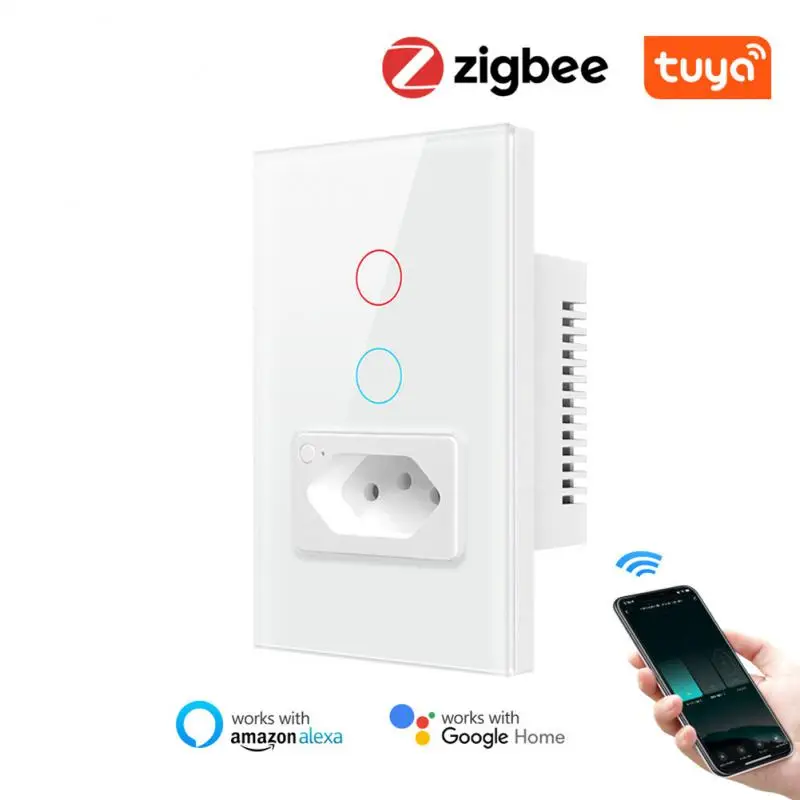 

Tuya Zigbee Smart Switch Wall Socket Brazil Standard 4X2 Glass Panel Remote Control Interrupter Work With Alexa Google Home