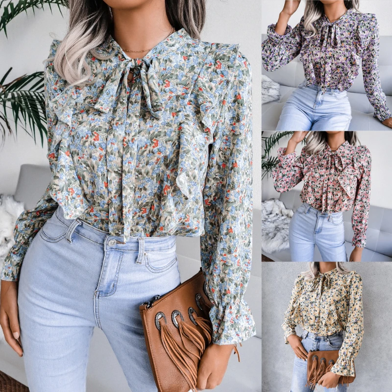 Купи Women Spring Autumn Style Casual Lace Up Ruffled Floral Chiffon Shirt Top Casual Long Sleeve Bow Tie Neck Print Shirt Oversized за 975 рублей в магазине AliExpress