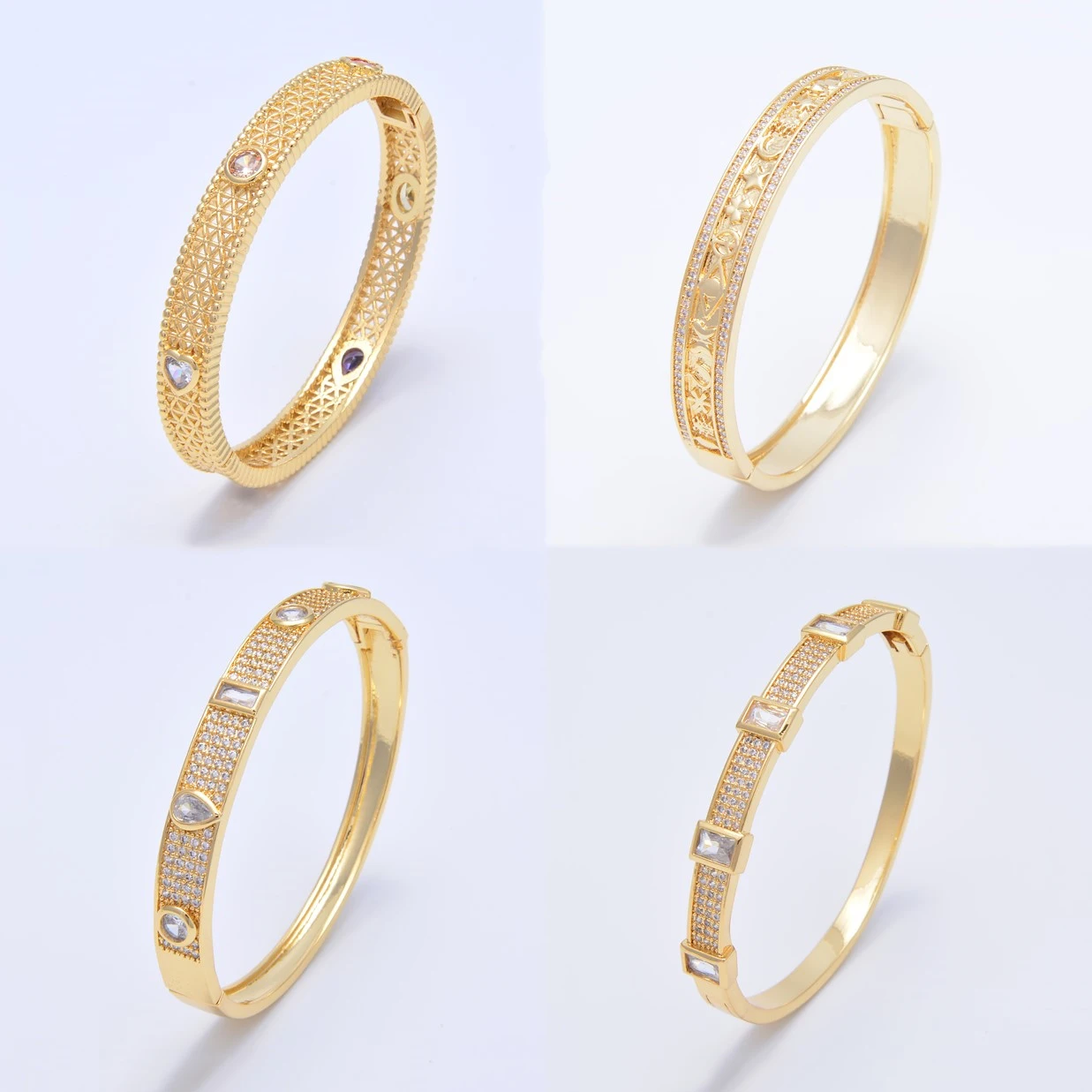 

Vintage Textures Bangles for Women Pave Zircon Square/Round Shape Crystal Brass Bracelets Gold Color Luxury Jewelry Accessories