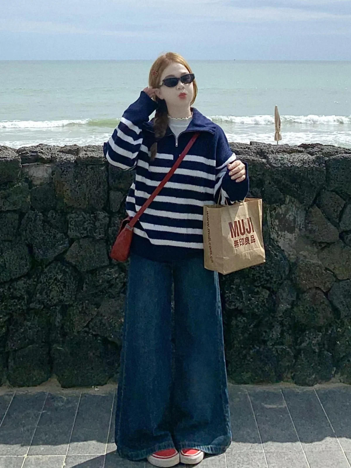 Американский пуловер на молнии с полуоткрытым воротником в полоску свитер 2024