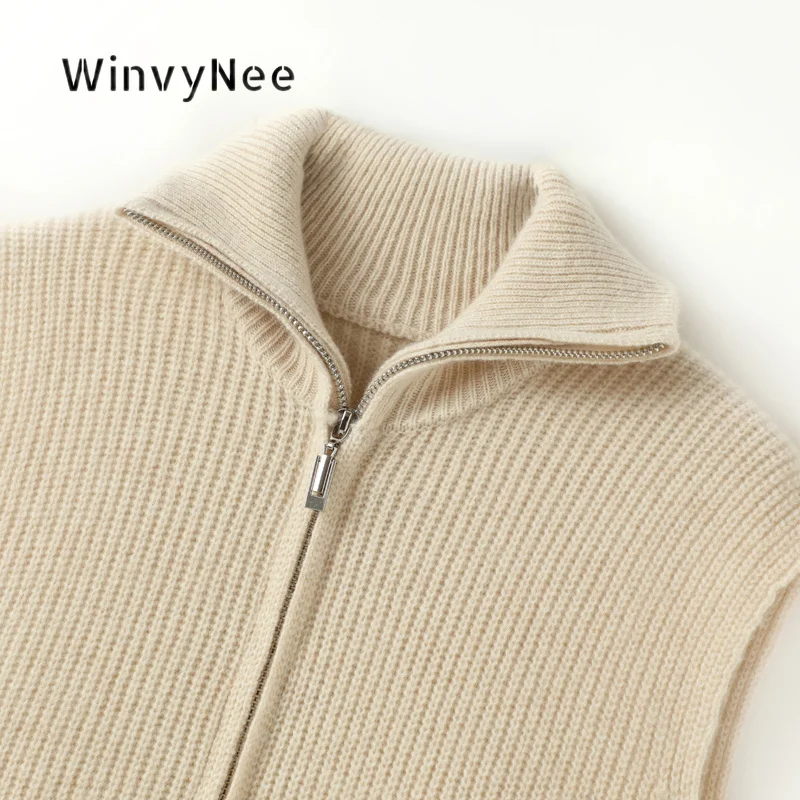 Фото Женский вязаный жилет WinvyNee из чистой шерсти на молнии с отложным воротником, без рукавов, минималистичный шик, для повседневных многослойных образов C1733059 №4