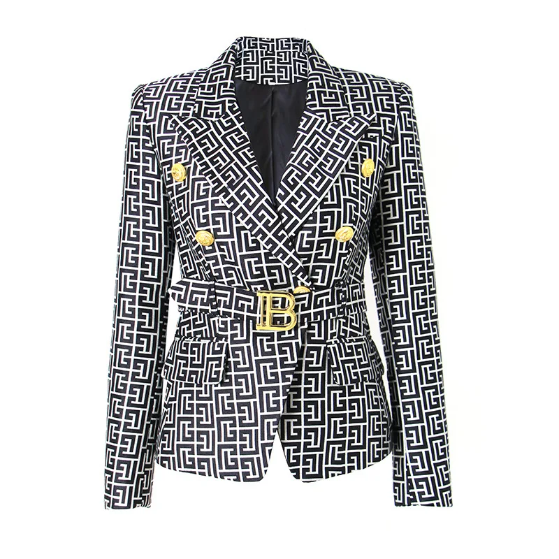 Black and White Color Contrast Coat, Patterned Jacquard, Metal Buckle Belt, Waistband, Small Suit, Temperament, women's Suit Top