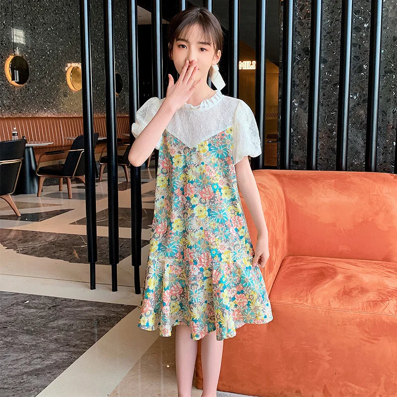 

Girls Summer Dress Princess Lace Patchwork Floral Crew Neck Puff Sleeve Fungus Hem A-Line Costume Children'S Clothes 2022 New
