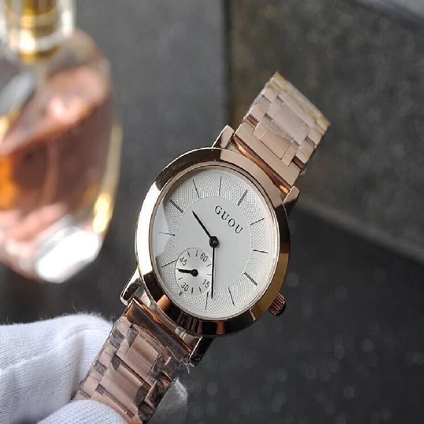 

GUOU новые классические простые ретро стильные и Прочные Женские часы из нержавеющей стали цвета розового золота в подарок