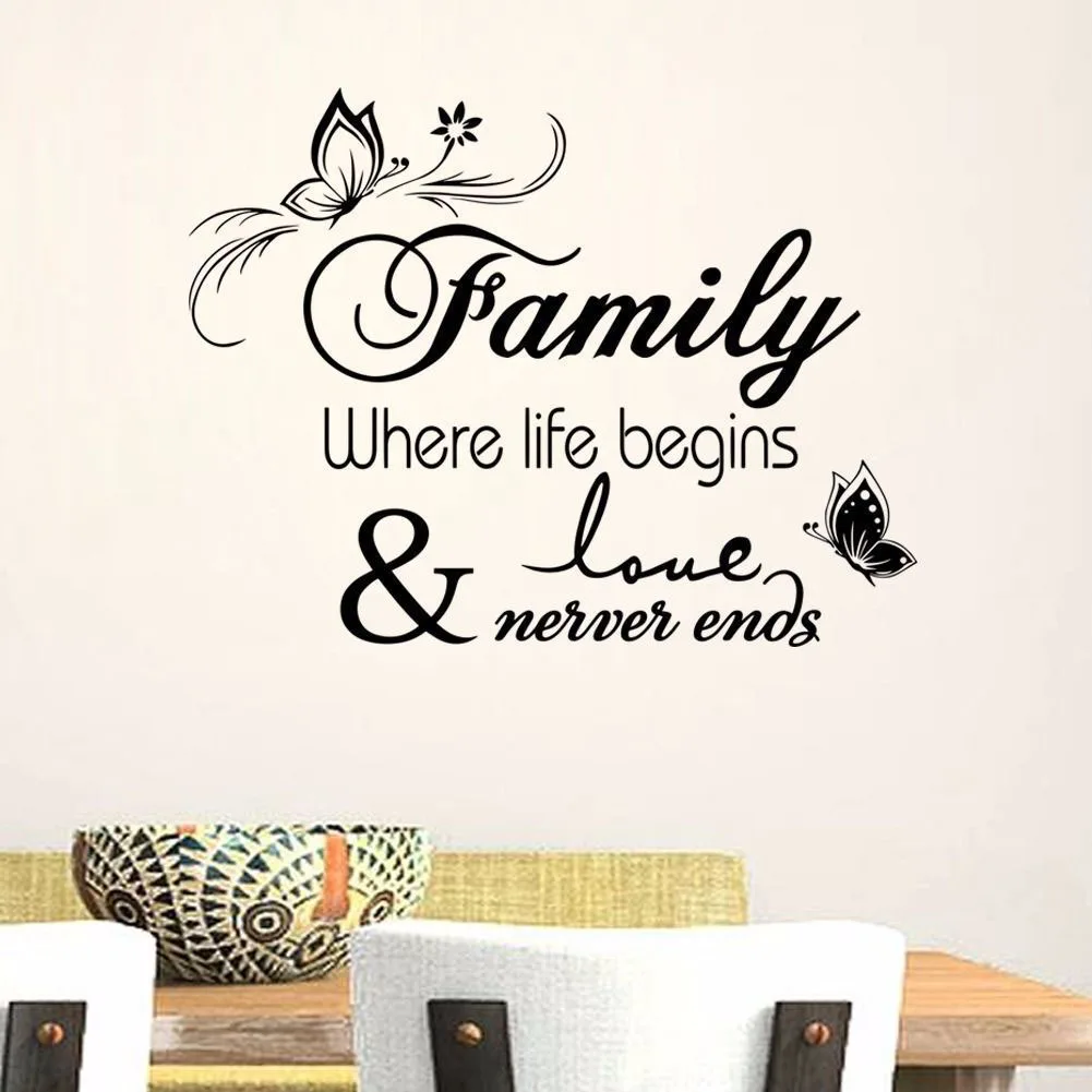 

Family Wall Stickers Love Never Ends Quote Wall Decal Mural English Lettering Art Words Stickers Home Bedroom Decoration