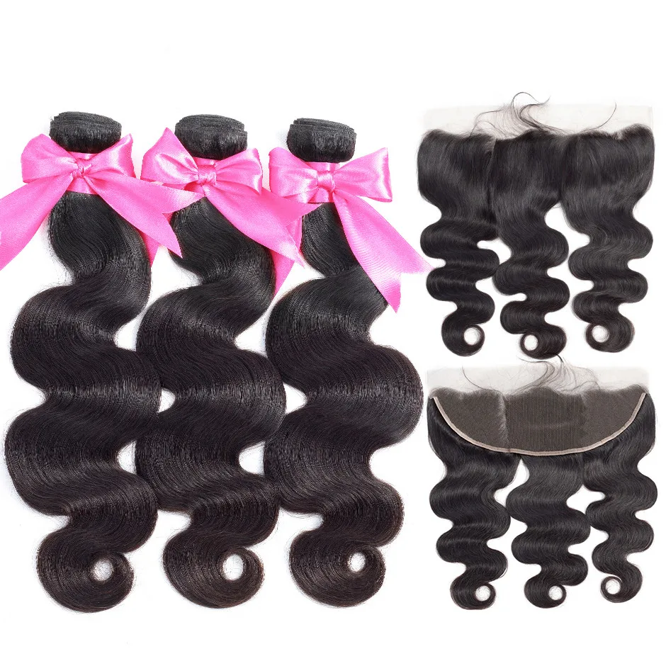 Human Hair Bundles With Frontal 13*4 Pre Plucked Lace Frontal Remy Brazilian Body Wave 3/4 Bundles With Frontal