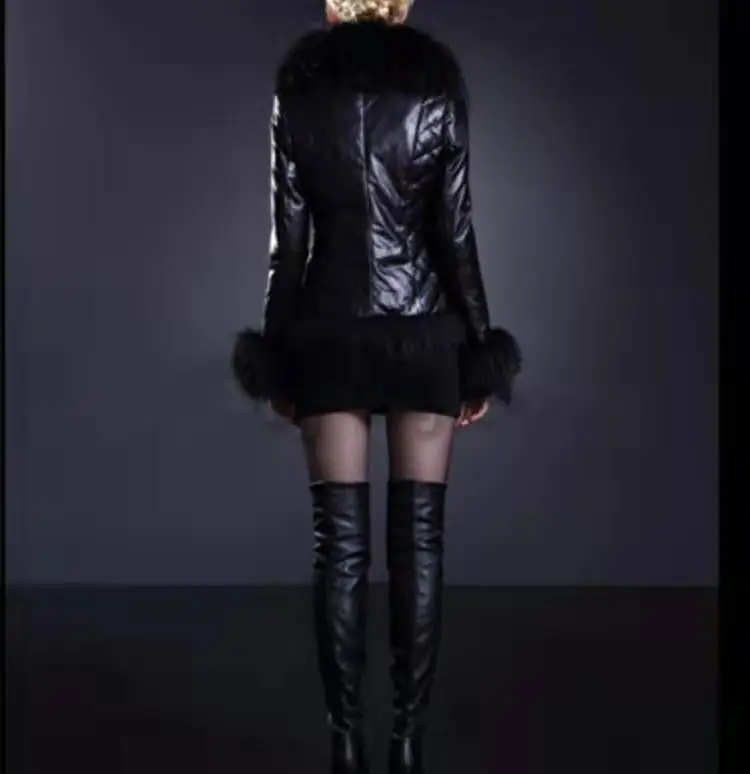 Indie Coat Jackets Red Black Raccoon Fur Collar Imitation Fur Pu Fur Short Slim Fit Coat Sheep Skin Leather Jacket Women 2023