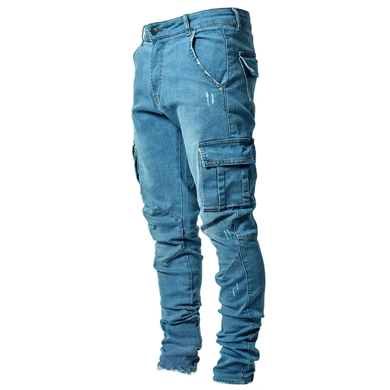 Trend Men's Jeans Elastic Denim Pants Multi Pockets Leggings Slim Fit Denim Cargo Pants High Street Full Length Pencil Pants