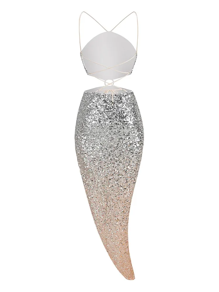 Женское облегающее платье-миди без рукавов с блестками и градиентом