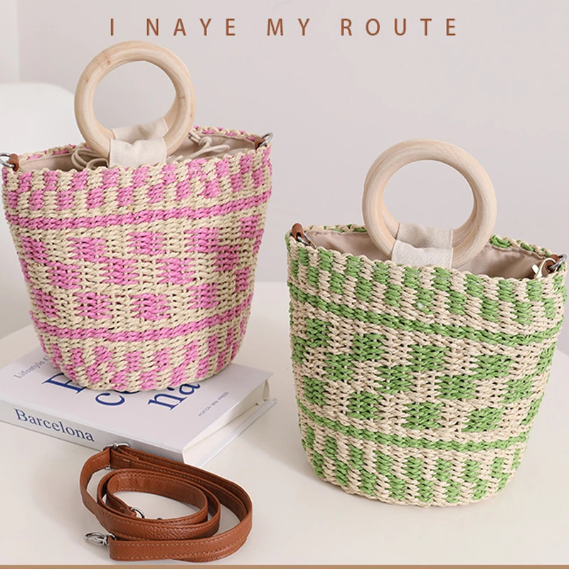 Summer Beach Bag Handmade Straw Rattan Woven Color Bump Tote Bags Wrapped Women Round Wood Top-handle Handbag Rattan Basketbag
