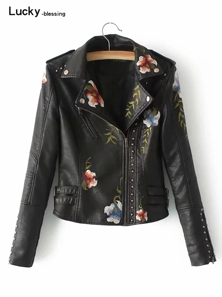 2022 New Spring Retro Floral Embroidery Faux Pu Leather Jacket Women Turndown Collar Moto Biker Coat Black Soft Punk Outerwear enlarge
