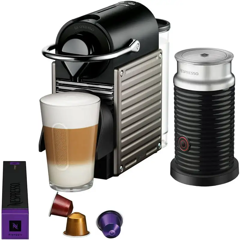 

Pixie Single-Serve Espresso Machine in Electric Titanium and Aeroccino Milk Frother in Black