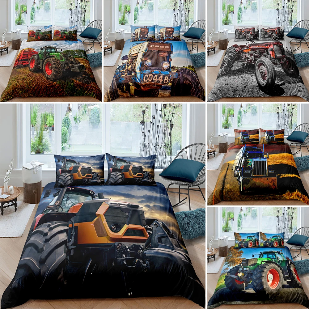 

Modern Teen Home Textile Machinery Truck Theme Bedding Set 2/3pcs Twin Full Size Retro Tractor Quilt/Comforter Cover With Zipper