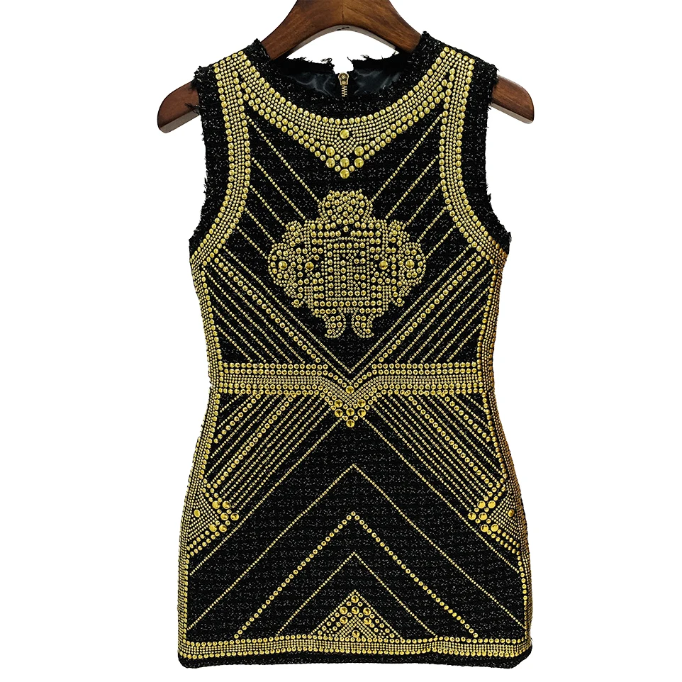

High Quality 2023 Fashionable New Heavy Industry Metal Sheet Nail Bead Tweed Wool round neck sleeveless vest cocktail dress