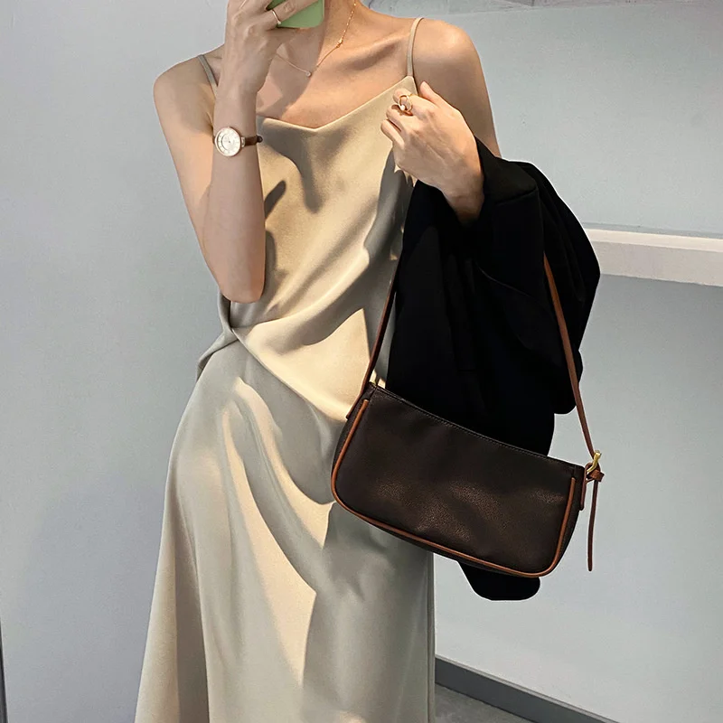 

Women's Dress Summer Spaghetti Satin Long Woman Dress Elegant Female Waist Acetate Solid Sleeveless Dress
