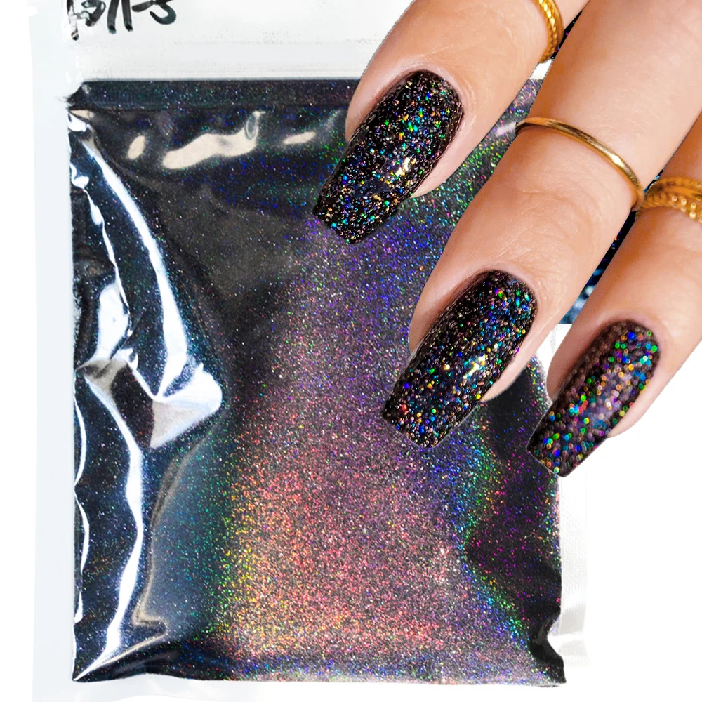 

10g/Bag Holographic Laser Black Nail Glitter White Sugar Powder Coating Effect Dipping Pigment Nail Art Decoration Sparkle Dust