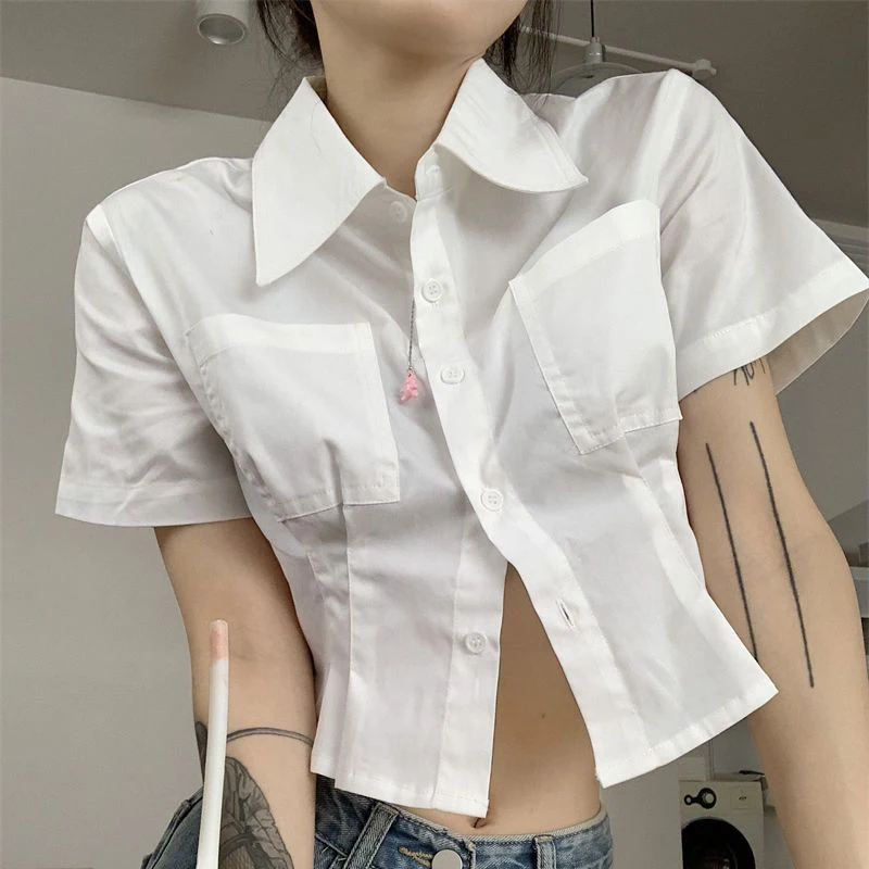 

Korean Style White Short Sleeve Crop Shirts Women 2023 Summer Turn Down Collar Crop Tops Woman Vintage Slim Fit Y2K Tshirt Mujer