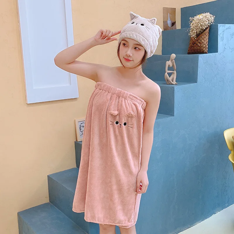 

Soft Towel Cat Coral Velvet Bath Skirt Water Absorbing Woman Adult Extra Thick Bath Towel Cartoon Set Gift Bath Towel