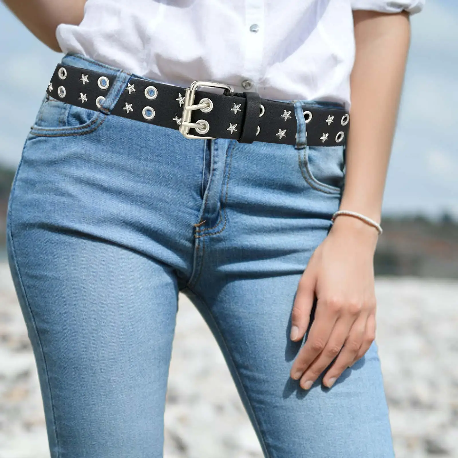 

Women Men Punk Belt Double Hole Eyelet Grommet Jeans Belt Casual Adjustable Decorative Belt Gothic Pin Buckle Waist Belt