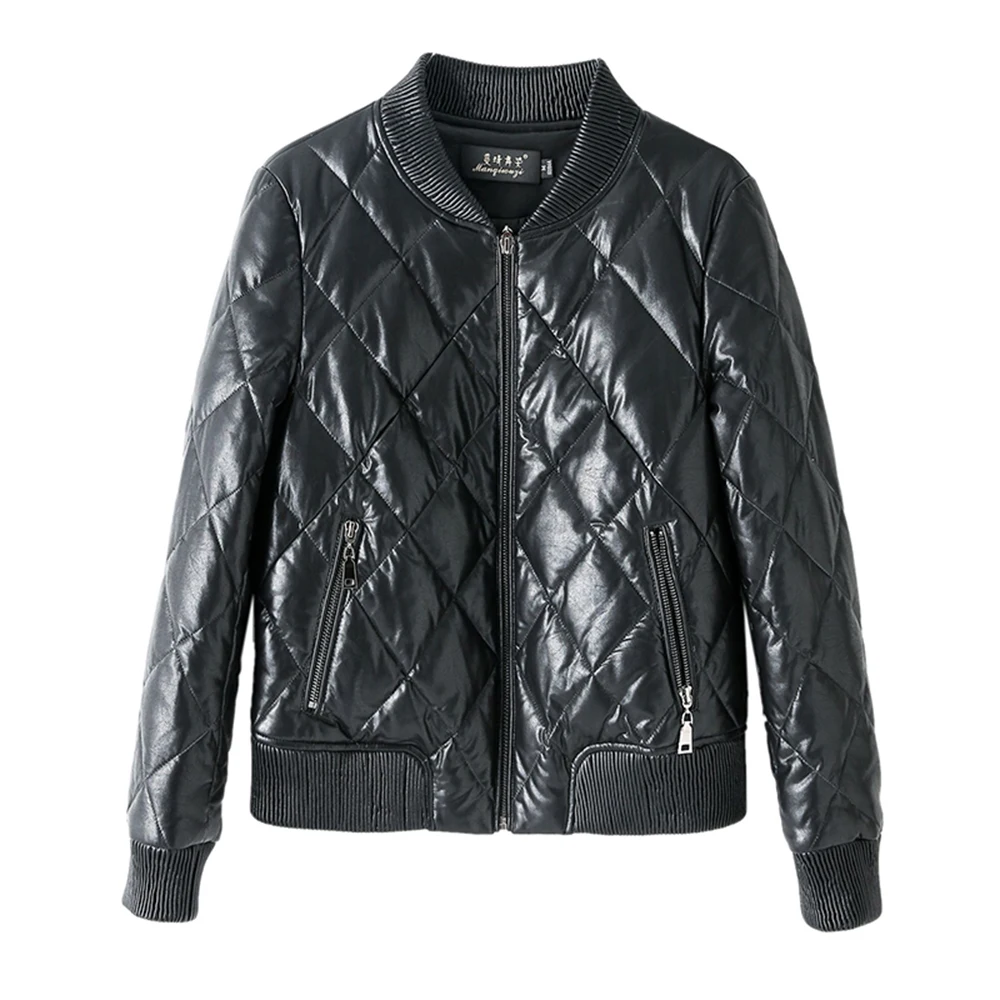 New Women Leather Down Jacket Autumn Winter Casual Fashion Baseball Style Warm Slim Short Sheepskin Coat Split Leather Jacket