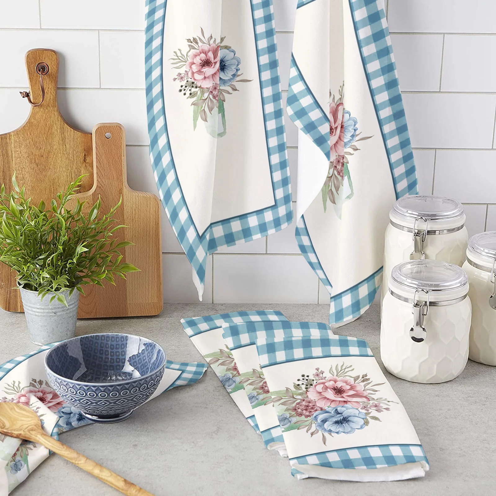 

Flower Plaid Vase Blue Hand Towels Dishcloth Utensils for Kitchen Microfiber Cleaning Cloths Household Wipe Towel