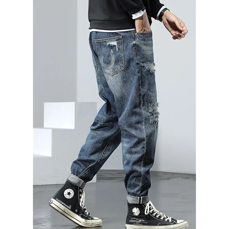 Men Clothing New Pattern Hole Patch Jeans Loose Recreational Straight Cylinder Blue Temperament Wide Leg Trousers Autumn Female