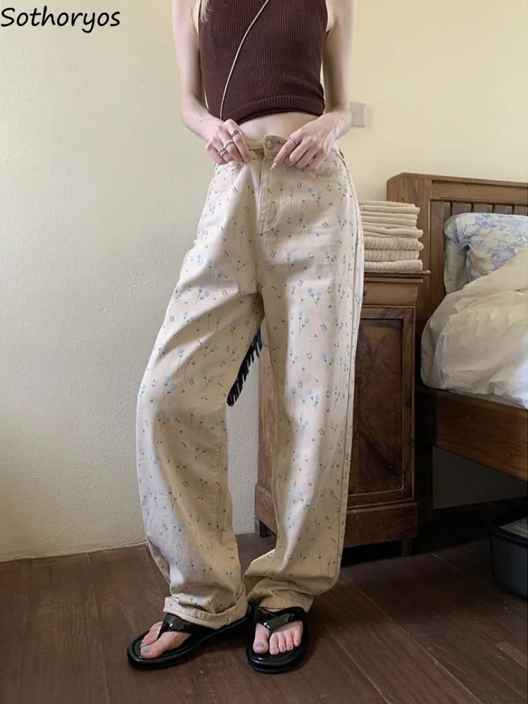 

Джинсы женские в стиле ретро с высокой талией, простые свободные модные широкие штаны в американском стиле, с цветочным принтом, простые креативные в стиле кавайных девушек