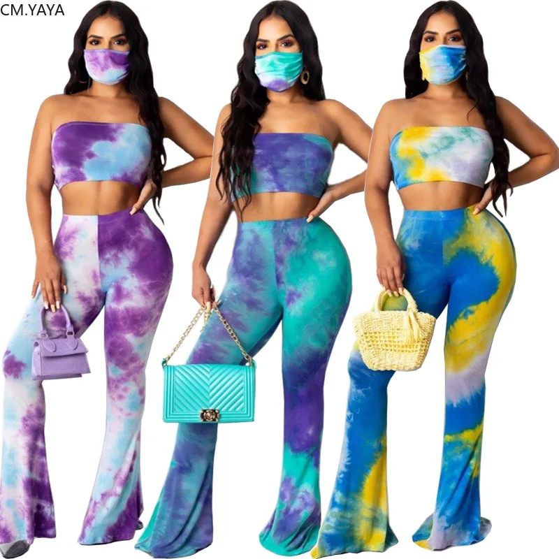 CM.YAYA Tie Dye Women Two Piece Set Strapless Crop Tops Wide Leg Flare Pants Suit Fashion Tracksuit Fitness Outfit Matching |