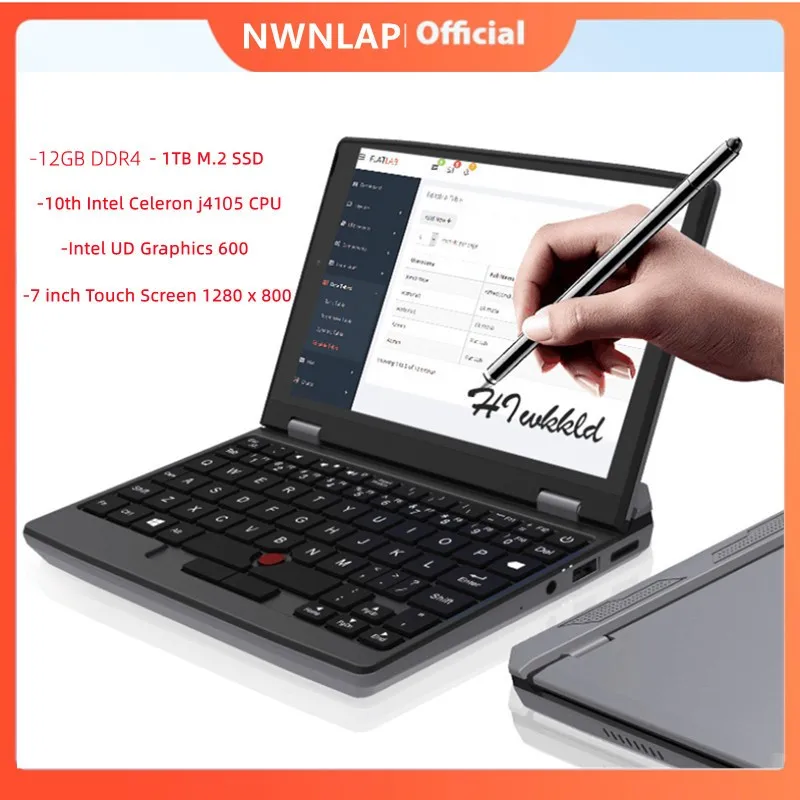 7 Inch Pocket Laptop J4105 Notebook  Touch Screen Portable Netbook Win 10 Pro 12G+1TB Mini PC Micro Computer Bluetooth 4.2