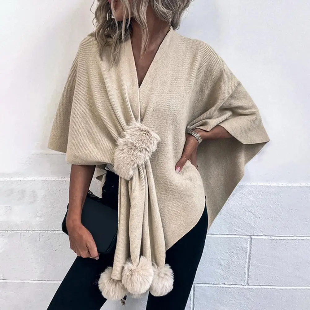 

Women Knitted Shawl Elegant Irregular Knitting Cape Coat Cloak Sweater Plush Ball Female Women Cloak Sweater for Daily Wear