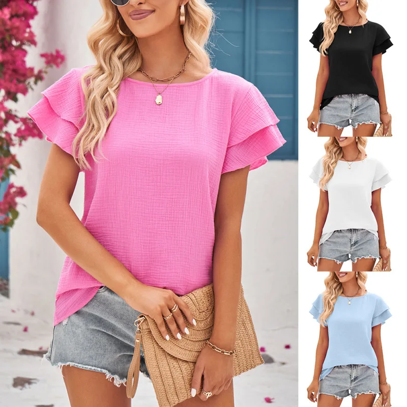 

Summer Solid Blouse Female New Fashion O Neck Short Sleeve Streetwear Casual Shirt Elegant Plus Size Vintage Women Tops