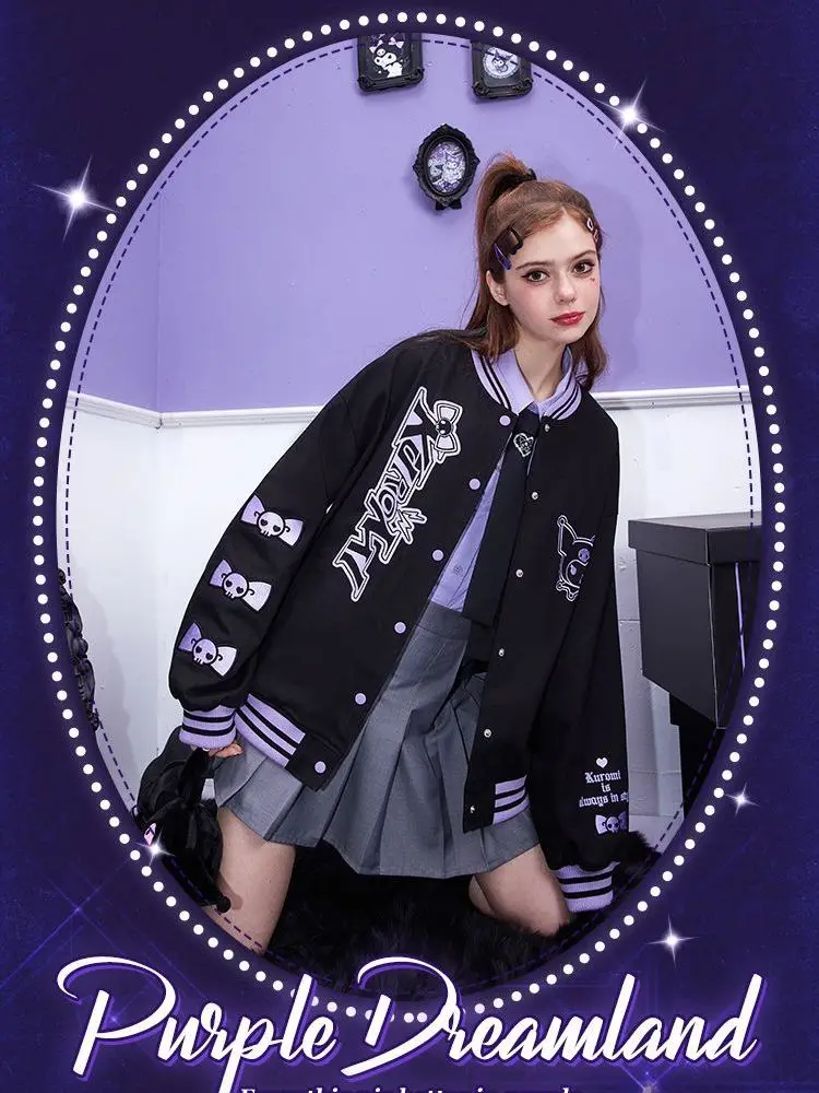 

2022 Kawaii бейсбольная куртка Sanrio Kuromi Милая аниме зимняя черная Милая крутая ткань винтажные свободные женские топы подарок для девушек
