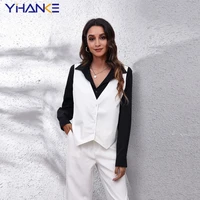 women tops fake two piece patchwork vest shirt office ladies long sleeve top shirts casual loose single breasted blouse women
