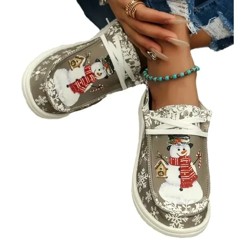 Mocasines transpirables con cordones Para mujer Zapatos planos de lona estampado navideño talla grande