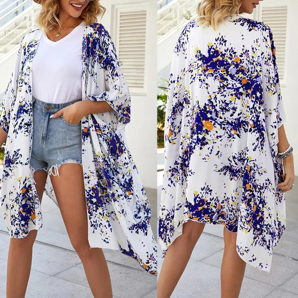 

Women Floral Sun Protection Half Sleeve Loose Front Open Coverup Cardigan Blouse