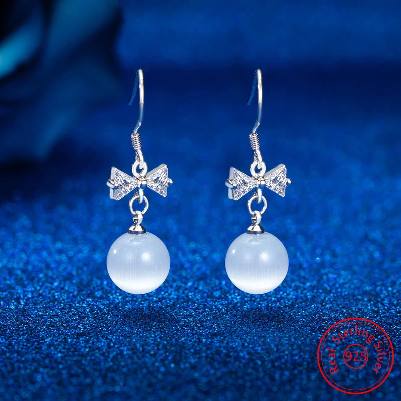 

Real 925 Sterling Silver Original Jewelry Opal Ball Crystal Bow Drop Earrings For Woman New Fashion XY0011