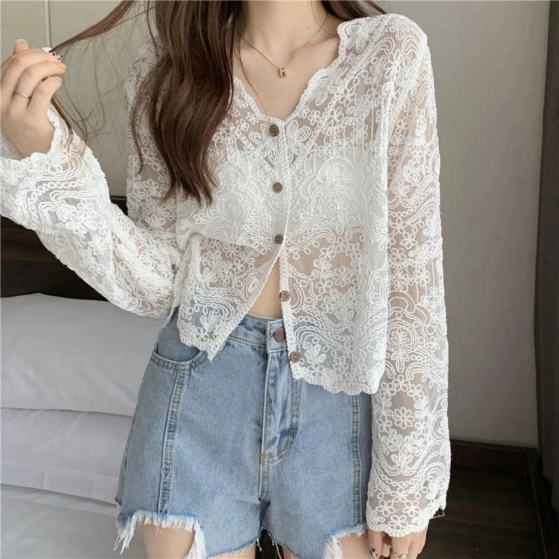 

Women Sheer Long Sleeve Sunscreen Shirt Cardigan Summer Vintage Lace Blouse Vacation Korean Elegant Casual Sun Protection Top