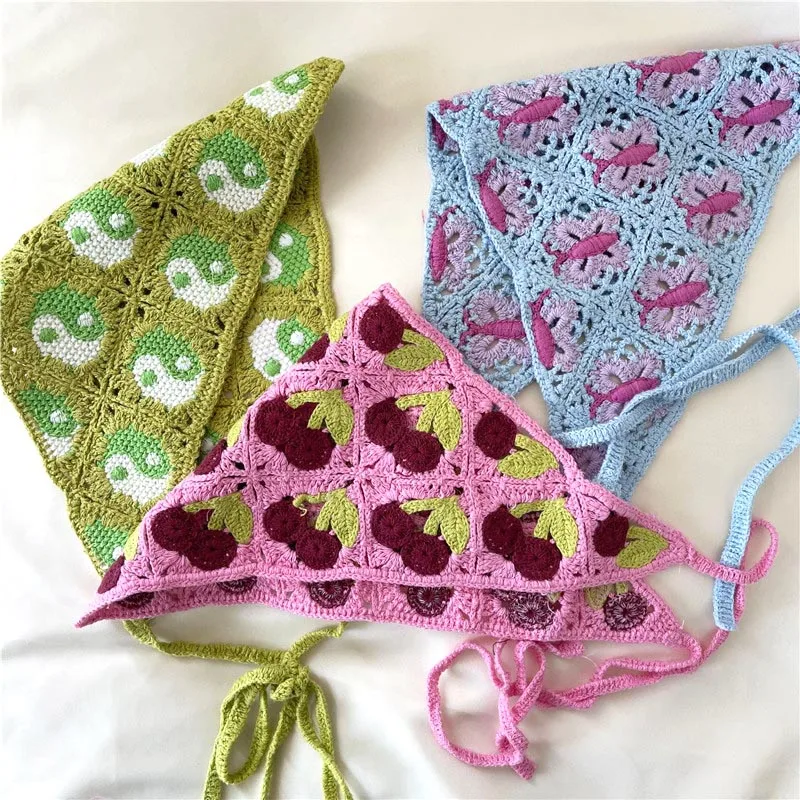 

Y2K вязаная Бандана с цветами маргариток вишня клубника Бабочка Женская повязка на голову для девушек винтажные аксессуары для волос подарк...