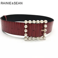 rainie sean patent leather women belt pearl buckle red ladies waist belt fashion autumn winter womens leather belts