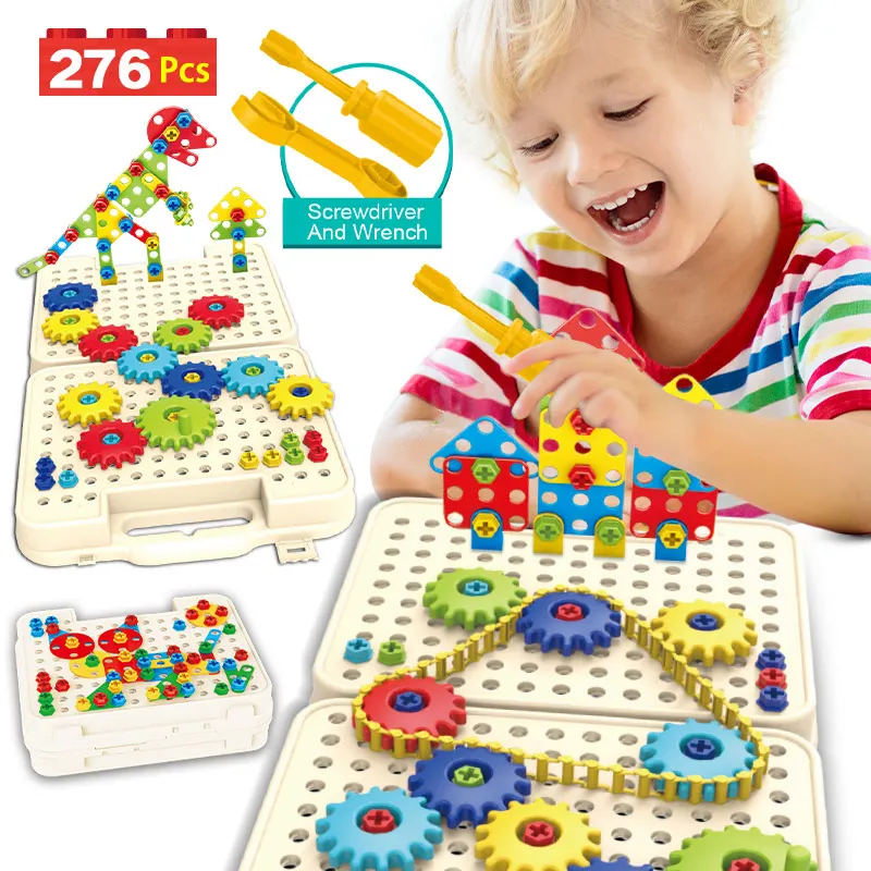 

Electric Drilling Screw Creative Gear Mosaic Building Bricks 3D City Nut Bolt Drill Set Boys Puzzle Toys For Children